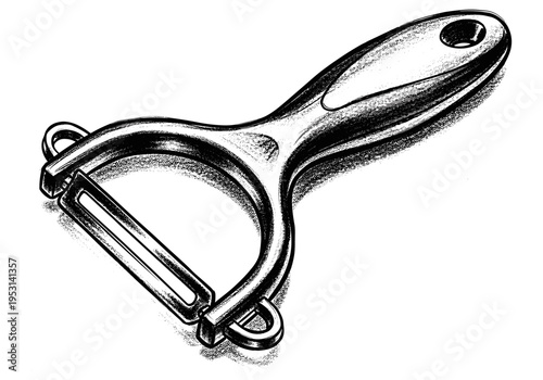 Black and white illustration of a swivel vegetable peeler with a comfortable handle
