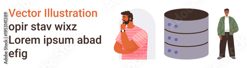 Data , analysis, computing, decision-making, identity, team collaboration. Man thinking in pink shirt, database icon and male figure. Data ation and analysis concept