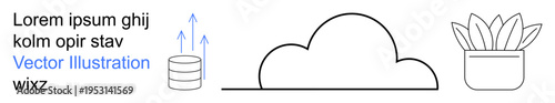 Technology trends, cloud computing, data storage, growth concepts, minimal design, efficiency. Line art icons include a cloud, data stack with arrows and a potted plant. Cloud computing and data