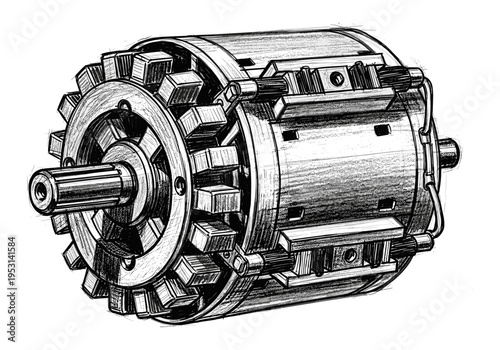 Detailed sketch of an electric motor rotor with visible windings and shaft, isolated on white