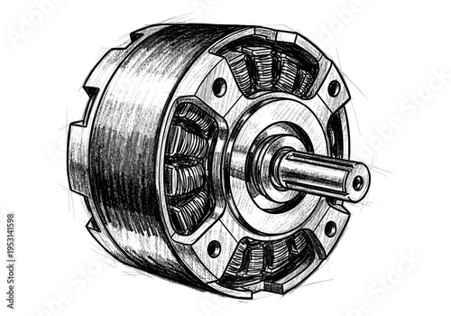 Detailed sketch of an electric motor's internal components and rotating shaft