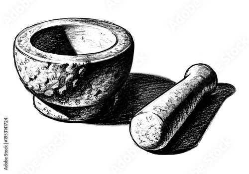Hand-drawn illustration of a stone mortar and pestle on a white background