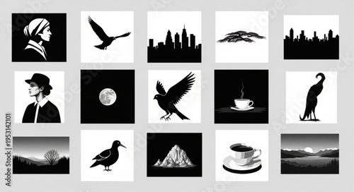 Black and white silhouette images.