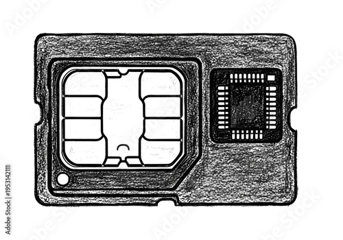 Close-up sketch of a SIM card with visible circuitry and contacts on a white background