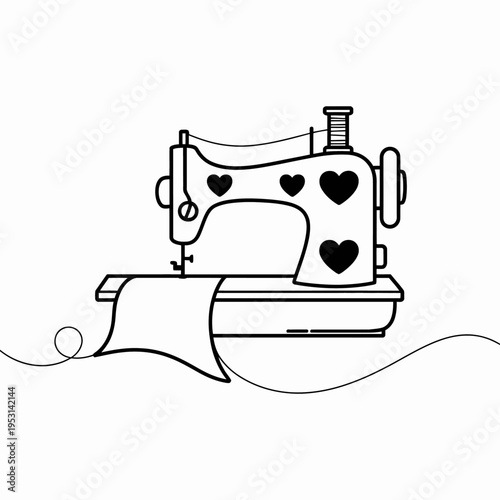The image features a minimalist illustration of a sewing machine adorned with heart shapes.