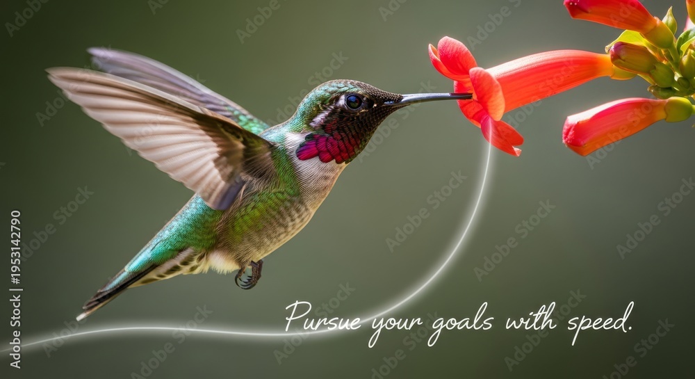 Fototapeta premium Hummingbird Sips Nectar from Red Flower in Motion