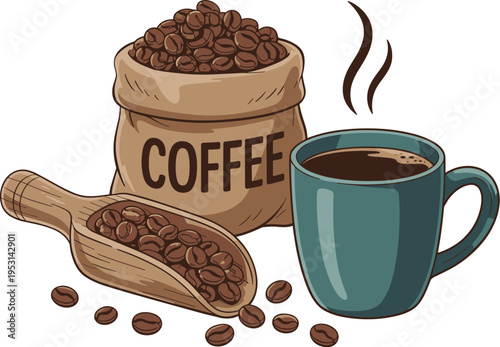 Burlap Sack of Roasted Coffee Beans with Wooden Scoop and Steaming Mug of Hot Coffee Beverage Vector Illustration