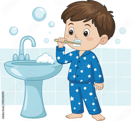 Cute Boy in Star Pattern Pajamas Brushing Teeth in Bathroom Morning Routine and Dental Hygiene Concept Vector Illustration