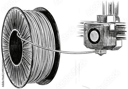 3D printer filament spool feeding into the extruder head for additive manufacturing