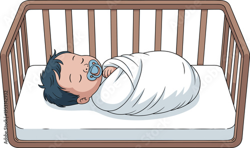 Cute Newborn Baby Boy Sleeping in Swaddle Blanket Inside Wooden Crib Nursery and Parenthood Concept Vector Illustration