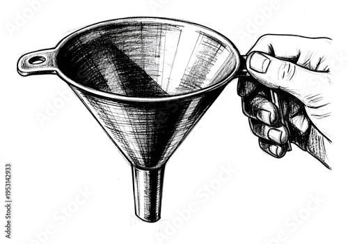 Hand holding a metal funnel for pouring liquids or solids, black and white sketch