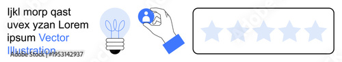 User feedback, ratings, customer reviews, innovation, user experience, product quality assessment. Light bulb, profile icon five-star system. User feedback and ratings concept
