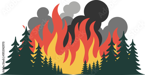 Forest Fire with Massive Red Flames and Dark Smoke Clouds Burning Pine Trees Wildfire and Environmental Disaster Vector Illustration