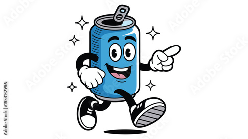 Funny Blue Soda Can Mascot Character in Retro Cartoon Style Pointing and Walking with Stars Background Vector Illustration
