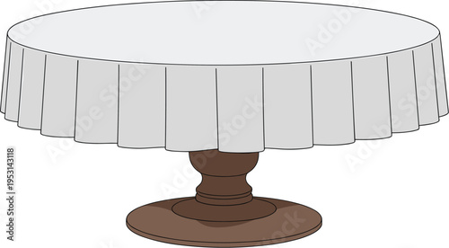 Round Wooden Table with White Tablecloth Isolated on White Background for Interior and Furniture Design Vector Illustration