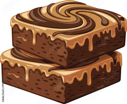 Stack of Two Chocolate Brownies with Caramel Swirl Glaze and Dripping Fudge Frosting Sweet Dessert Vector Illustration