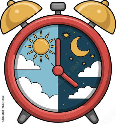 Vector Alarm Clock with Day and Night Cycle Concept Isolated on White Background