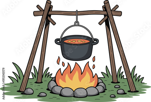 Traditional Outdoor Campfire Cooking with Black Pot over Burning Fire Pit and Wooden Tripod Vector Illustration