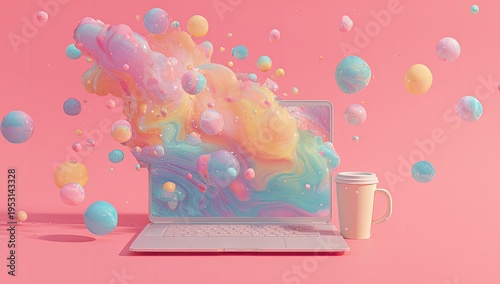 Vibrant, whimsical explosion of pastel colors erupts from a laptop screen