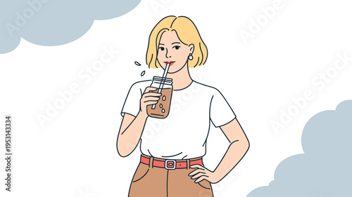 Young Woman Drinking Iced Coffee or Milkshake from Mason Jar with Straw Healthy Lifestyle and Refreshment Concept Vector Illustration