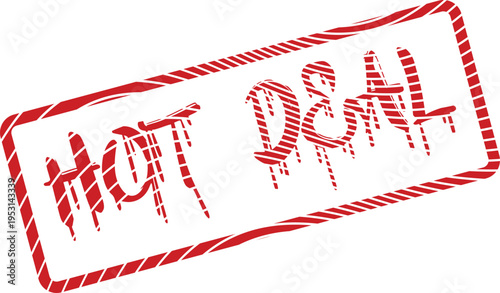 This striking red rubber stamp features the distressed text Hot Deal prominently displayed within a patterned frame