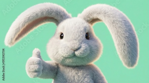 Cute Fluffy Rabbit Giving a Thumbs Up Gesture on Green Background