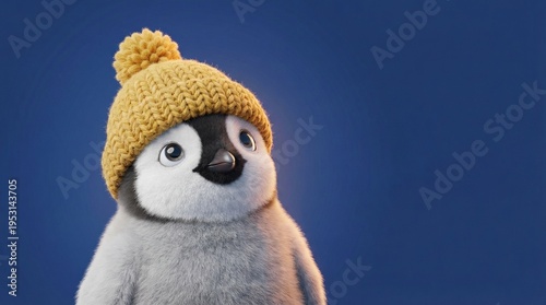 Cute Penguin Chick Wearing a Yellow Knitted Hat on Blue Background