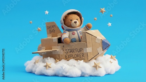 Cute Teddy Bear Astronaut Flying In Cardboard Rocket Launching Startup