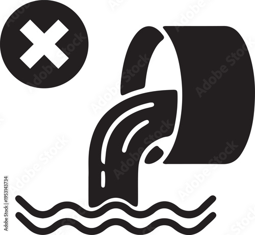 Pollution icon with cross mark and flowing water