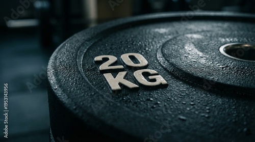 Close Up Of Wet Black Twenty Kilogram Weight Plate In Gym