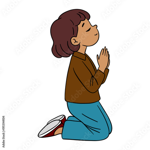 Hand-drawn illustration of praying boy. Emotional and spiritual character artwork faith, hope, gratitude, and devotion