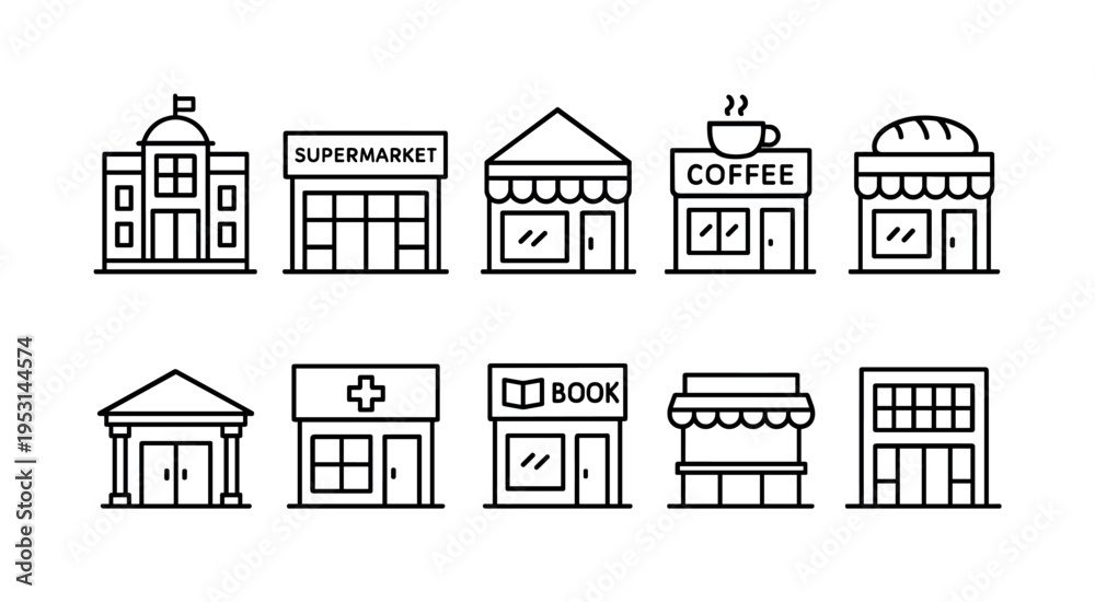 Fototapeta premium Collection of simple line art icons representing various types of storefronts and buildings