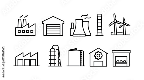 Collection of industrial building icons representing factories, power plants, and energy generation