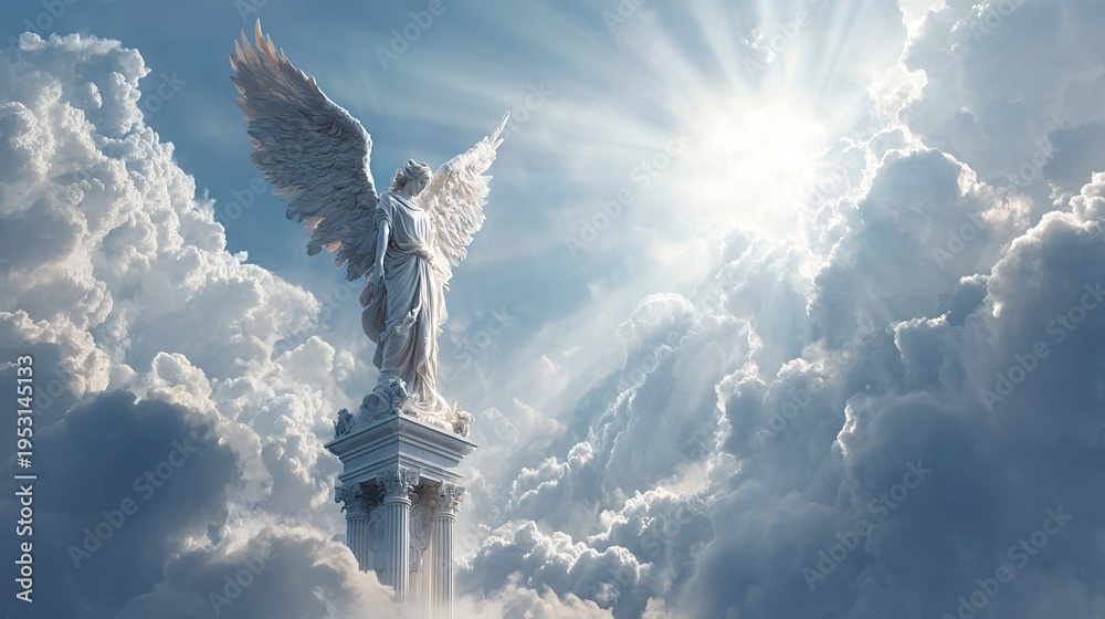 Obraz premium Angel sculpture with majestic wings reaching towards the illuminating sun rays, symbolizing heaven, spirituality, and divine transcendence amidst a ethereal cloudscape