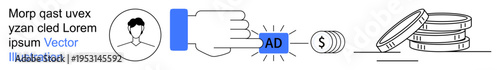 Digital marketing, online advertising, monetization, e-commerce, financial strategy, revenue generation. Hand clicking ad button, receiving coins. Digital marketing and online advertising concept