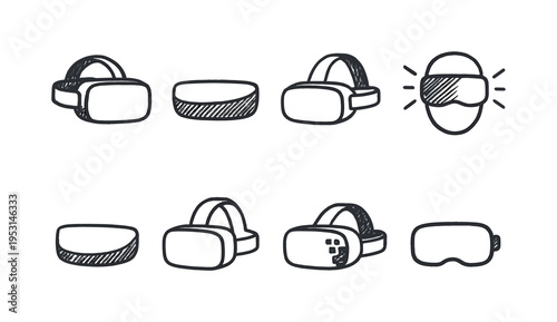 Collection of hand-drawn virtual reality headset icons in various styles and perspectives