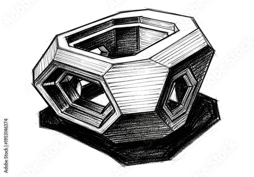 Abstract geometric polyhedron with internal hollow spaces and sketchy shading