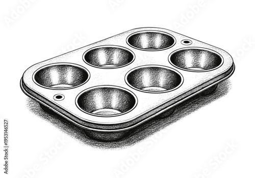 Vintage six-cup muffin tin illustration with detailed shading and realistic texture