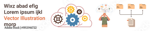 Cloud computing, workflow, data sharing, file organization, digital storage, collaborative tools. Central gears within a cloud, folder network person analyzing data. Cloud computing and workflow