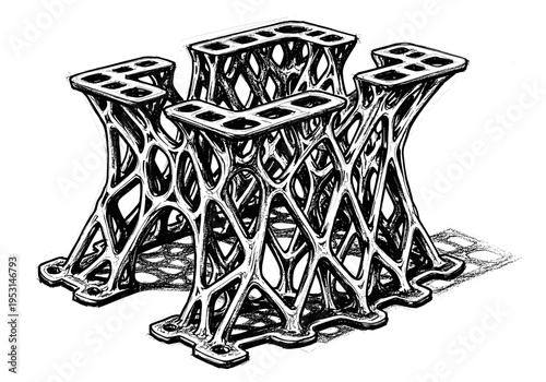 Hand-drawn sketch of a complex lattice structure with multiple interconnected supports