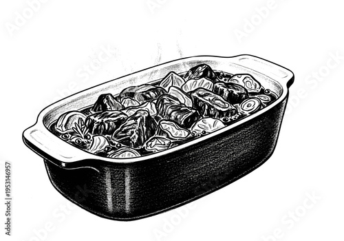 Hand-drawn illustration of a rustic beef stew simmering in a dark ceramic casserole dish