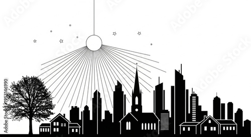 City Skyline with Tree Silhouette.