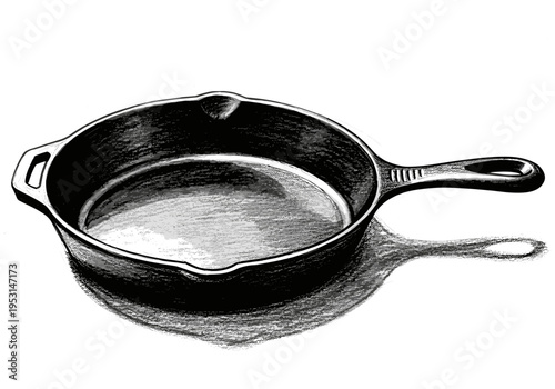 Classic cast iron skillet with handle and shadow, rendered in a sketch art style