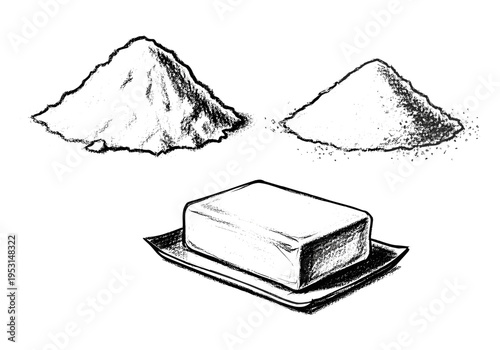Hand-drawn illustration of butter and two piles of flour and sugar on a white background