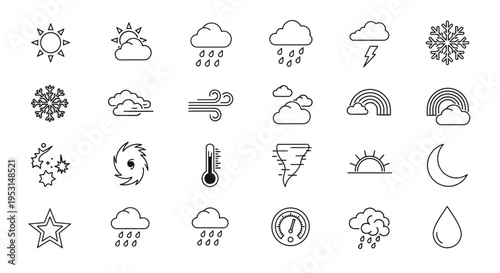 a comprehensive collection of weather forecast icons and meteorological symbols perfect for web design and application development.