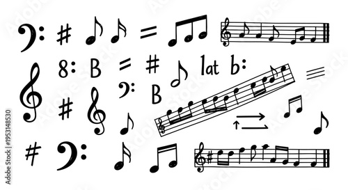 a hand-drawn collection of musical notation symbols including clefs notes sharps and flats for music education and graphic design