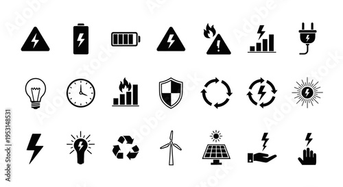energy and power icons set illustrating electricity renewable sources charging and safety concepts for modern design.