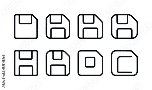 Collection of floppy disk icons in various styles and orientations for digital storage