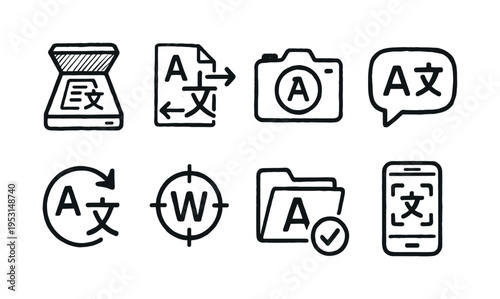 Collection of translation and language icons in a simple doodle style
