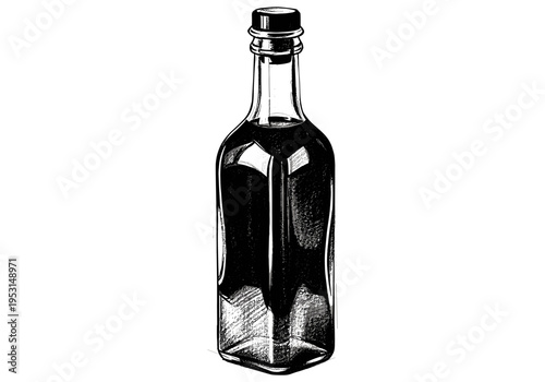 Elegant glass bottle filled with dark liquid, isolated on white background, sketch style